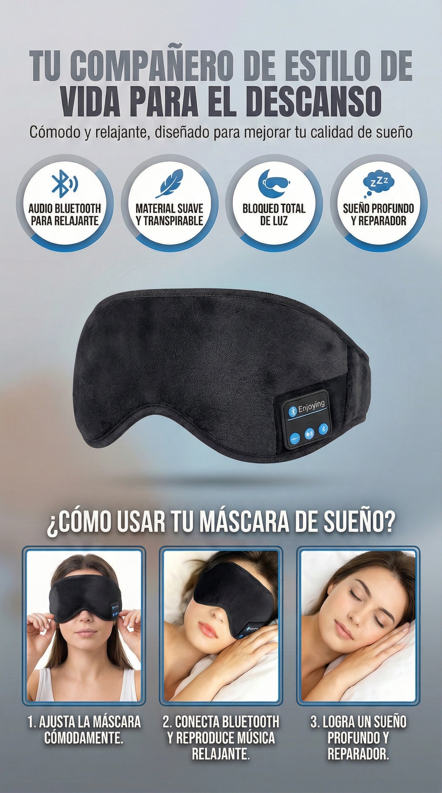 DUERME MEJOR, DESPIERTA RENOVADO – ANTIFAZ CON BLUETOOTH + ENVÍO GRATIS